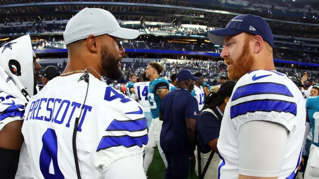 Dak Prescott #4 of the Dallas Cowboys and Cooper Rush #10 of the Dallas Cowboys talk after the loss to the Jacksonville Jaguars in a preseason game at AT&T Stadium on August 12, 2023 in Arlington, Texas.