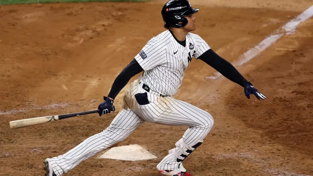 Juan Soto #22 of the New York Yankees flys out in the eighth inning against the Los Angeles Dodgers during Game Three of the 2024 World Series at Yankee Stadium on October 28, 2024 in the Bronx borough of New York City. (Photo by Elsa/Getty Images)