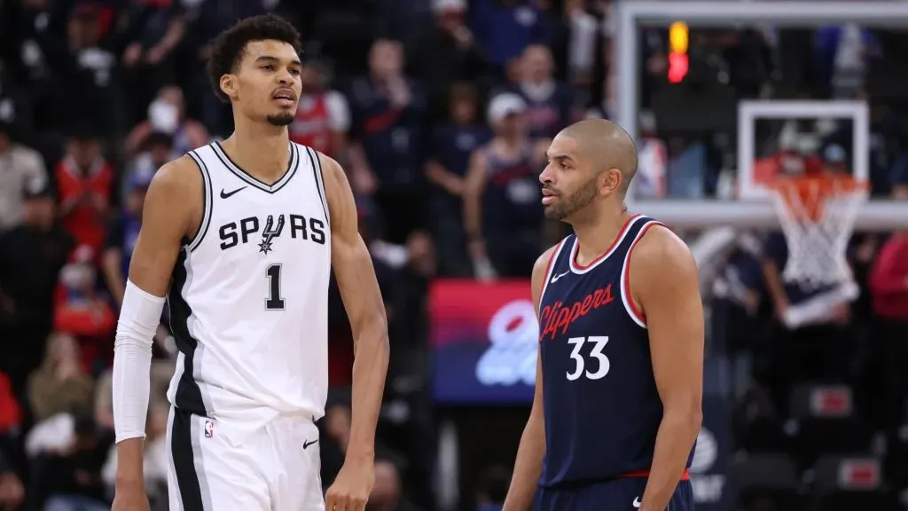 Victor Wembanyama #1 of the San Antonio Spurs reacts after a foul from Nicolas Batum #33 of the LA Clippers during a 113-104 Clippers win at Intuit Dome on November 04, 2024 in Inglewood, California. (Photo by Harry How/Getty Images)