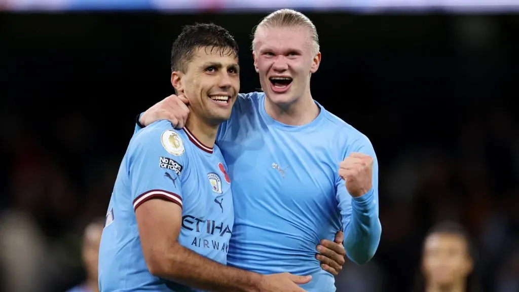 Erling Haaland and Rodri of Manchester City celebrate the win after the Premier League match between Manchester City and Fulham FC at Etihad Stadium on November 05, 2022 in Manchester, England.