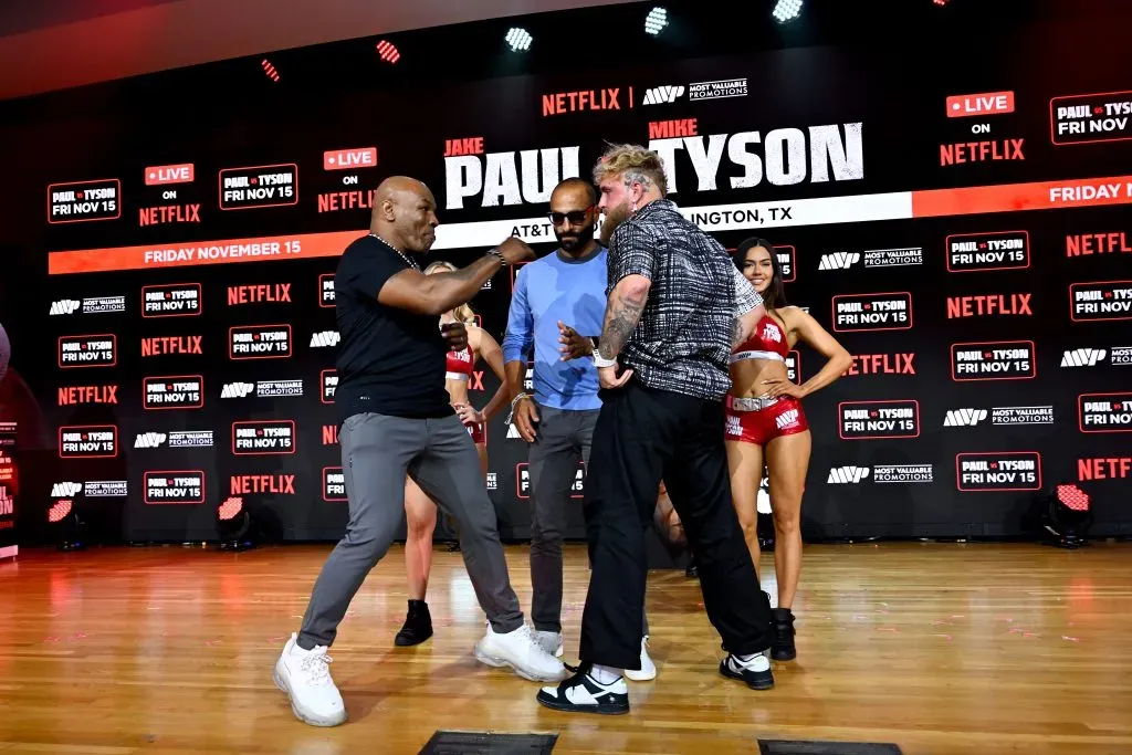 NEW YORK, NEW YORK – AUGUST 18: Mike Tyson and Jake Paul face off at an exclusive press conference ahead of their November bout during the Fanatics Fest NYC 2024 at Jacob Javits Center on August 18, 2024 in New York City. (Photo by Roy Rochlin/Getty Images for Fanatics)