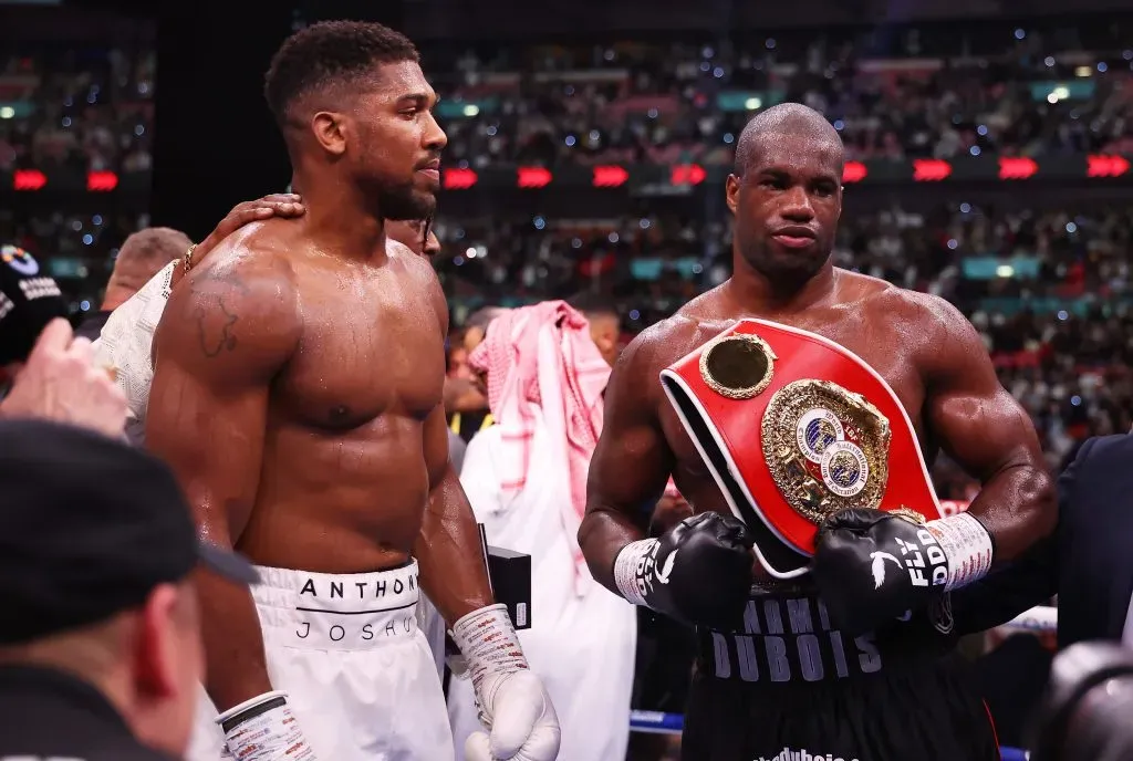 LONDON, ENGLAND – SEPTEMBER 21: Daniel Dubois and Anthony Joshua react after the IBF World Heavyweight Title fight between Daniel Dubois and Anthony Joshua, on the Riyadh Season – Wembley Edition card at Wembley Stadium on September 21, 2024 in London, England. (Photo by Richard Pelham/Getty Images)
