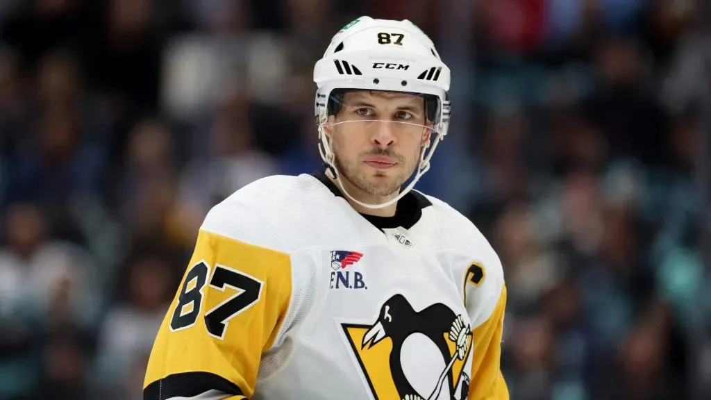 Sidney Crosby #87 of the Pittsburgh Penguins looks on during the first period Krakenat Climate Pledge Arena on February 29, 2024 in Seattle, Washington.