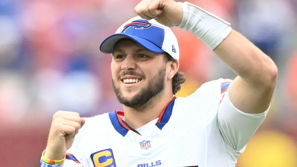 Josh Allen #17 of the Buffalo Bills celebrates after a touchdown in the fourth quarter of a game against the Washington Commanders at FedExField on September 24, 2023. (Source: Greg Fiume/Getty Images)