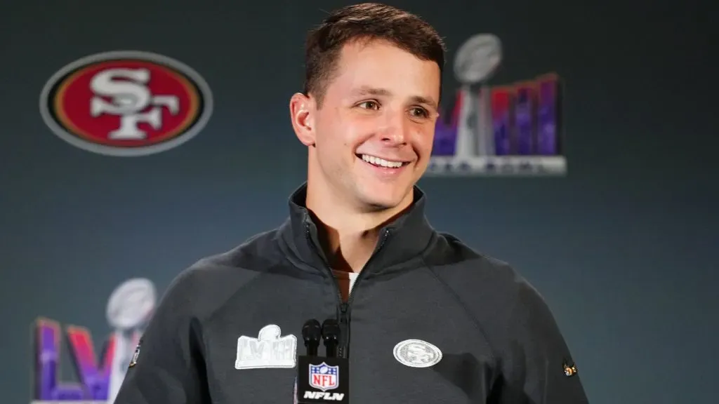 Brock Purdy #13 speaks to the media during San Francisco 49ers media availability ahead of Super Bowl LVIII at Hilton Lake Las Vegas Resort and Spa on February 07, 2024. (Source: Chris Unger/Getty Images)