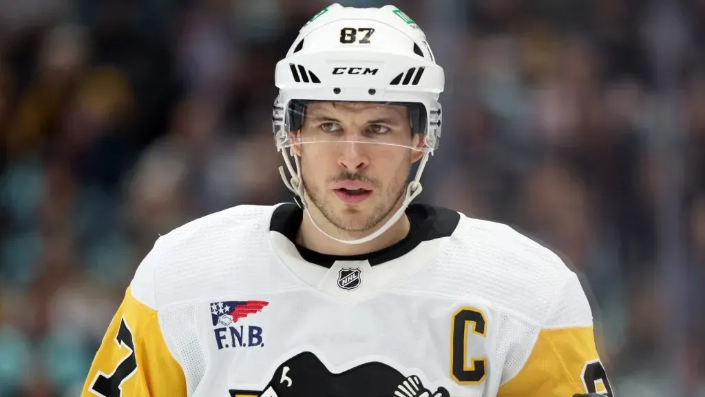 Sidney Crosby #87 of the Pittsburgh Penguins looks on during the first period Kraken at Climate Pledge Arena on February 29, 2024 in Seattle, Washington.