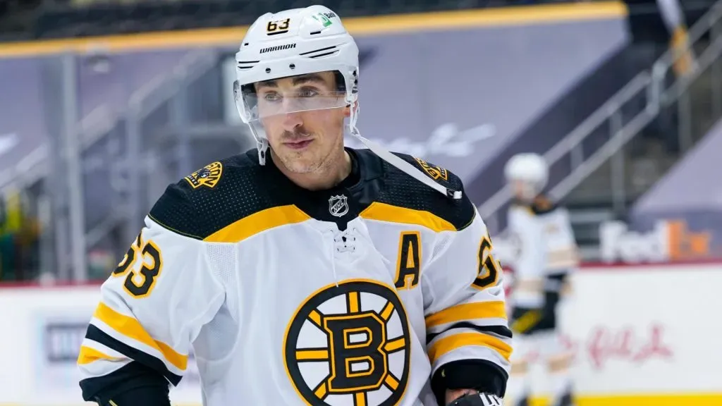 Boston Bruins Left Wing Brad Marchand (63) warms up before the game between the Pittsburgh Penguins and the Boston Bruins on April 27, 2021. (Source: IMAGO / Icon Sportswire)