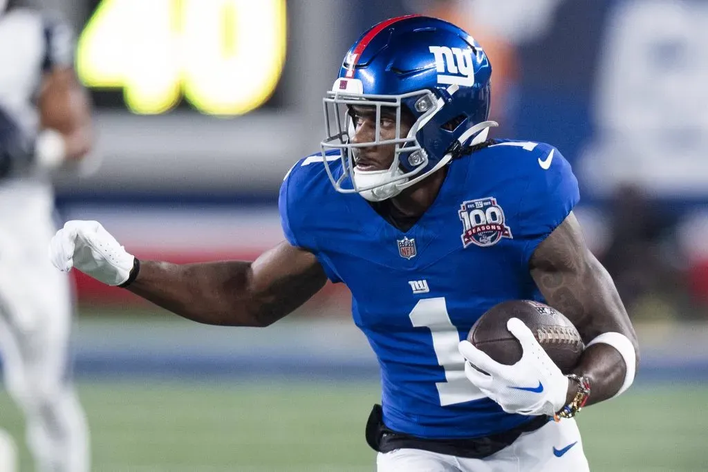 New York Giants wide receiver Malik Nabers 1 in action during the NFL, American Football Herren, USA football game against the Dallas Cowboys, Thursday, Sept. 26, 2024, in East Rutherford. The Cowboys won 20-15. /Cal Media East Rutherford USA – ZUMAc04_ 20240926_zma_c04_077 Copyright: xChrisxSzagolax