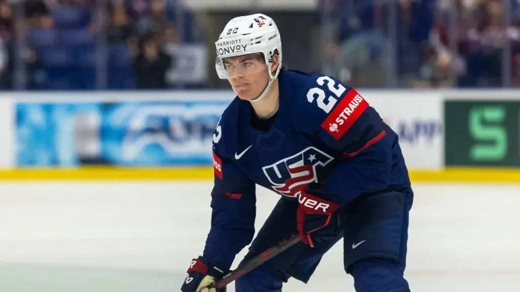 Cole Caufield is playing during the IIHF Ice Hockey World Championship Group B match between Latvia and the United States in Ostrava, Czech Republic, on May 21, 2024.