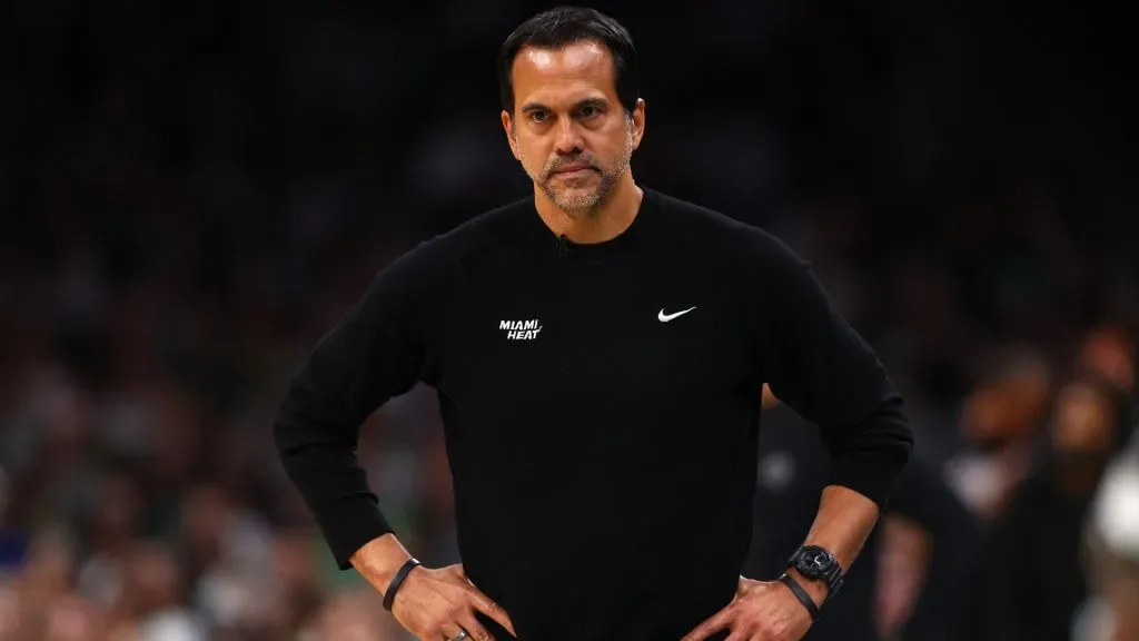 Miami Heat coach Erik Spoelstra looks on during the third quarter of game five of the Eastern Conference First Round Playoffs at TD Garden on May 01, 2024. (Source: Maddie Meyer/Getty Images)