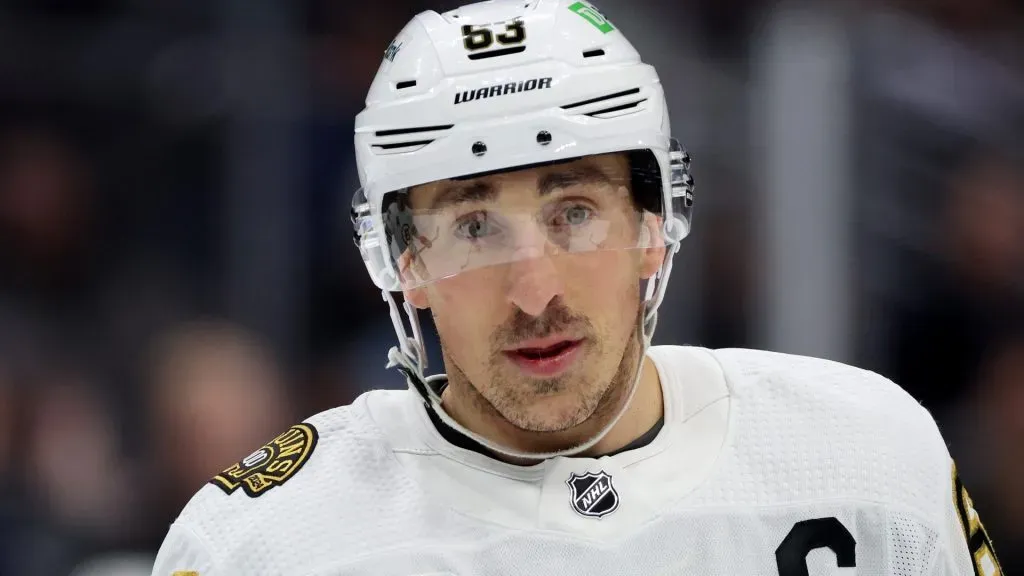 Brad Marchand #63 of the Boston Bruins looks on during the first period against the Seattle Kraken at Climate Pledge Arena on February 26, 2024 in Seattle, Washington.