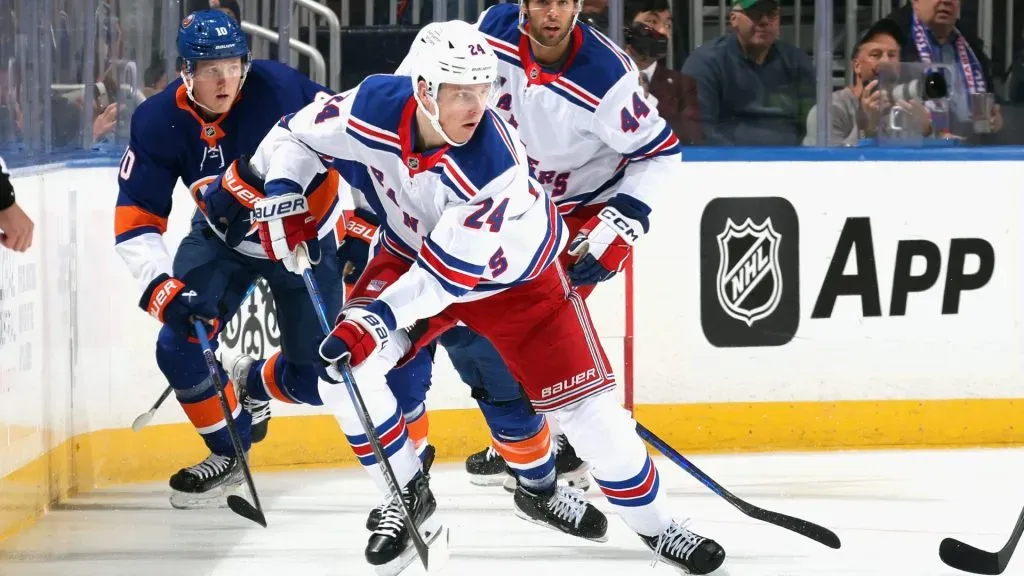 Kaapo Kakko #24 of the New York Rangers skates against the New York Islanders during the first period at UBS Arena on October 04, 2024 in Elmont, New York.