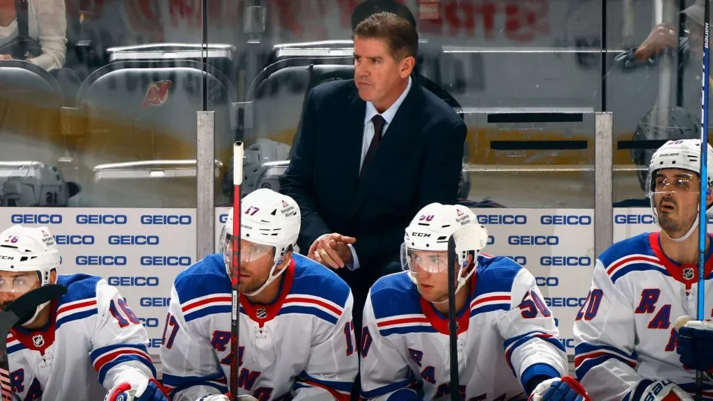 Head coach Peter Laviolette of New York Rangers handles the bench during the game against the New Jersey Devils at Prudential Center on October 04, 2023. (Source: Bruce Bennett/Getty Images)
