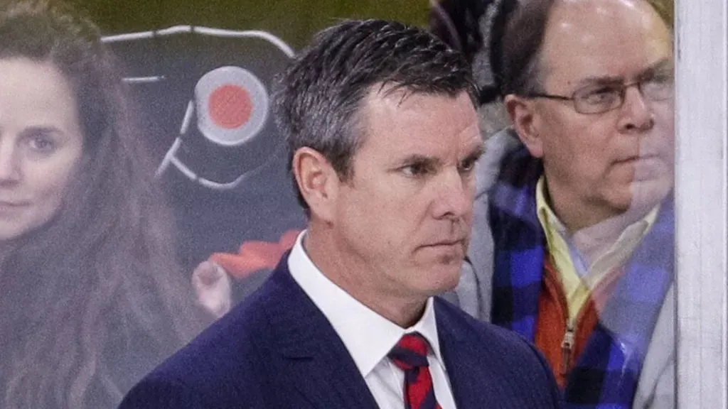 Pittsburgh Penguins head coach Mike Sullivan looks on during the NHL game between the Pittsburgh Penguins and Philadelphia Flyers at Well Fargo Center in Philadelphia.