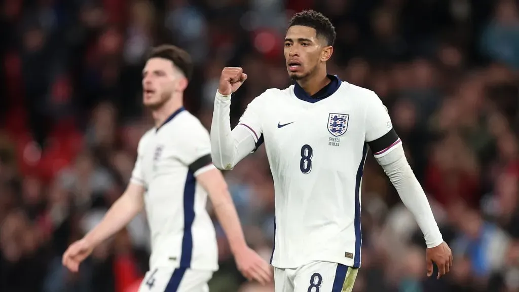 Jude Bellingham of England celebrates scoring his team’s first goal to equalise during the UEFA Nations League 2024/25 League B Group B2 match between England and Greece at Wembley Stadium on October 10, 2024 in London, England. (Photo by Julian Finney/Getty Images)
