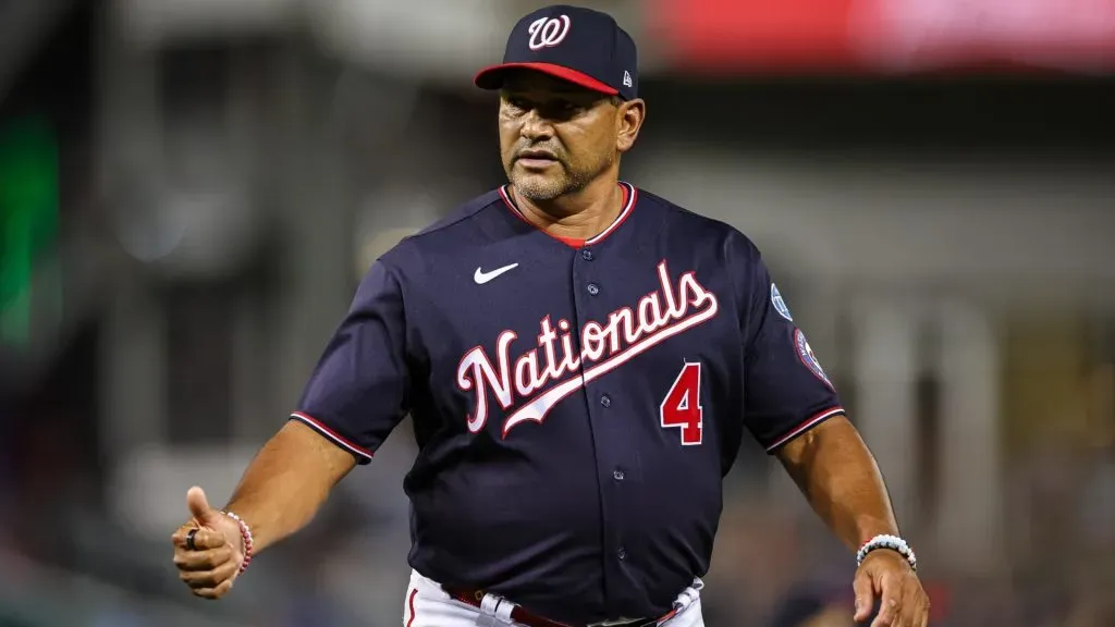 Manager Dave Martinez #4 of the Washington Nationals reacts during the seventh inning of the game against the Milwaukee Brewers at Nationals Park on July 31, 2023. (Source: Scott Taetsch/Getty Images)