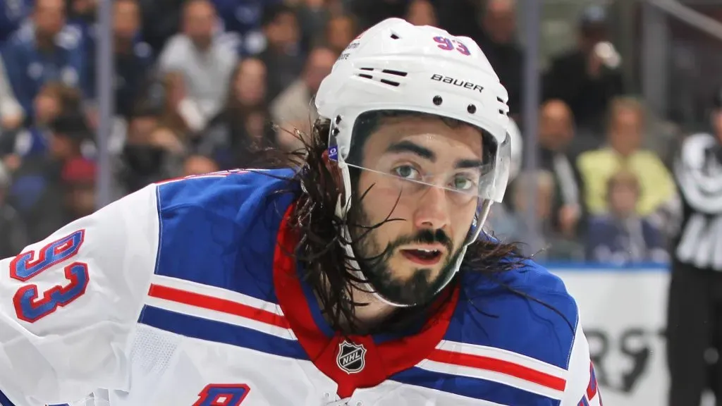 Mika Zibanejad #93 of the New York Rangers skates against the Toronto Maple Leafs during the 3rd period in an NHL game at Scotiabank Arena on October 19, 2024 in Toronto, Ontario, Canada. The Rangers defeated the Maple Leafs 4-1.