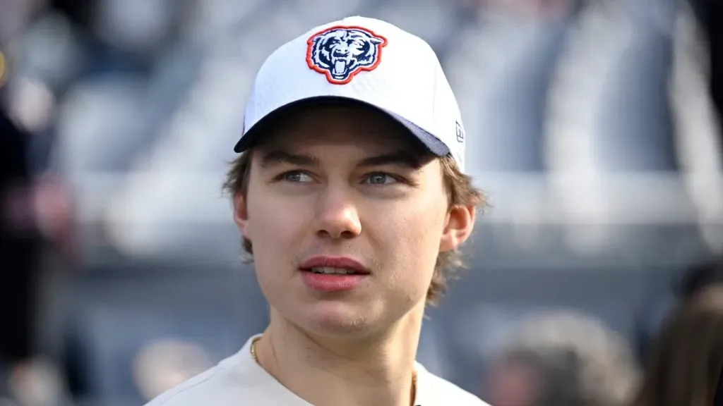 Connor Bedard of the Chicago Blackhawks looks on prior to a game between the Chicago Bears and the Minnesota Vikings at Soldier Field on November 24, 2024 in Chicago, Illinois.