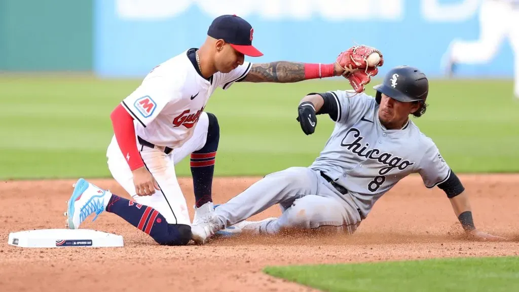 Brayan Rocchio #4 of the Cleveland Guardians touches second for an out against Nicky Lopez #8 of the Chicago White Sox in the top of the seventh inning at Progressive Field on April 08, 2024. (Source: Mike Lawrie/Getty Images)