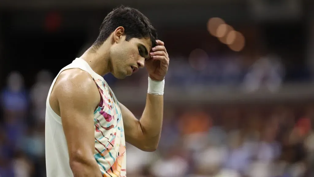 Carlos Alcaraz of Spain reacts after a point against Daniil Medvedev of Russia during a US Open match. (Elsa/Getty Images)
