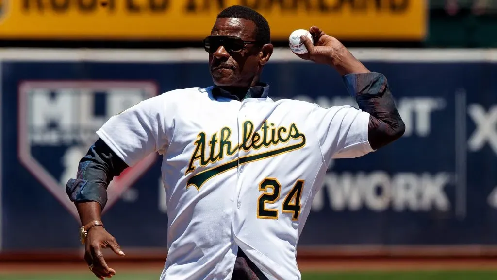 Former Oakland Athletics outfielder Rickey Henderson throws out the ceremonial first pitch before the game against the San Francisco Giants on July 22, 2018. (Source: Jason O. Watson/Getty Images)