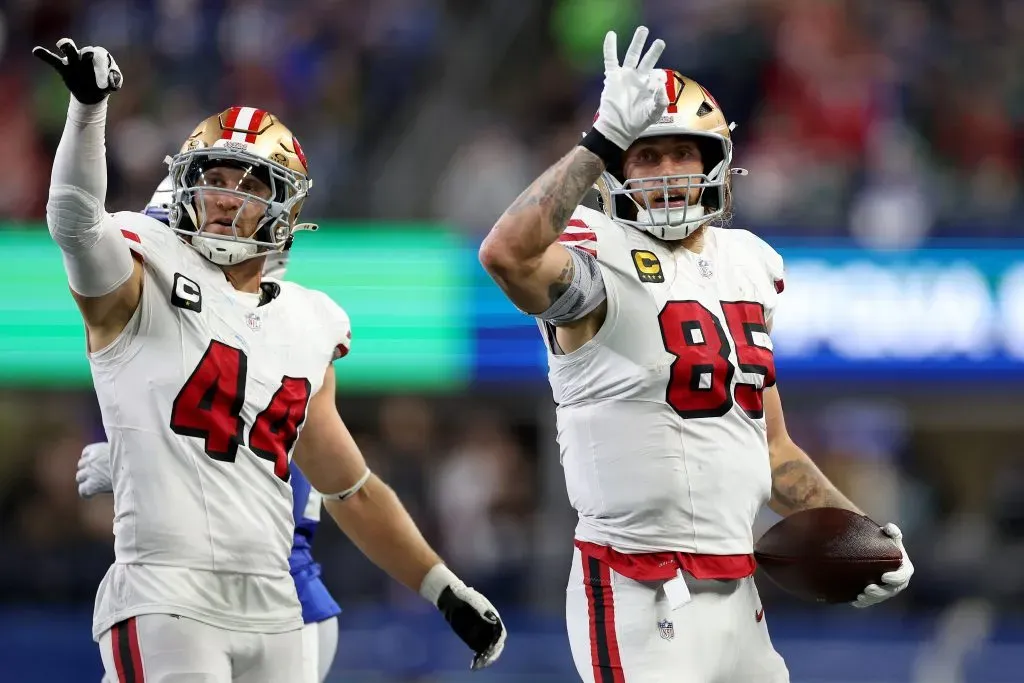 Kyle Juszczyk #44 and George Kittle #85 of the San Francisco