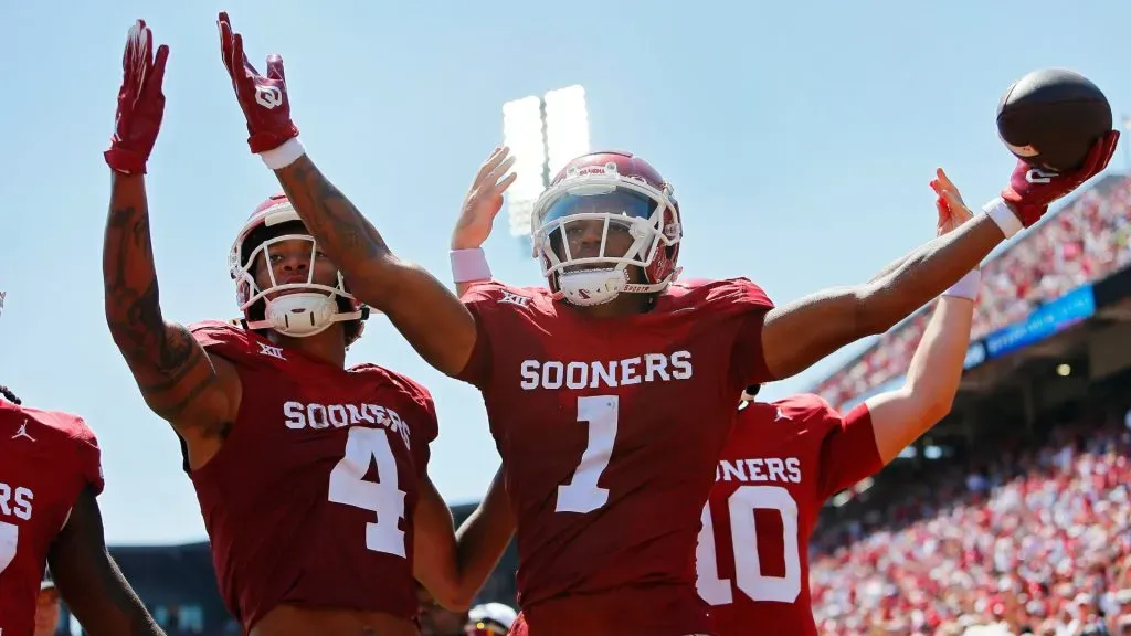 Wide receiver Jayden Gibson #1 of the Oklahoma Sooners celebrates a 21-yard one-handed catch for a touchdown the Arkansas State Red Wolves in the third quarter in 2023. (Source: Brian Bahr/Getty Images)