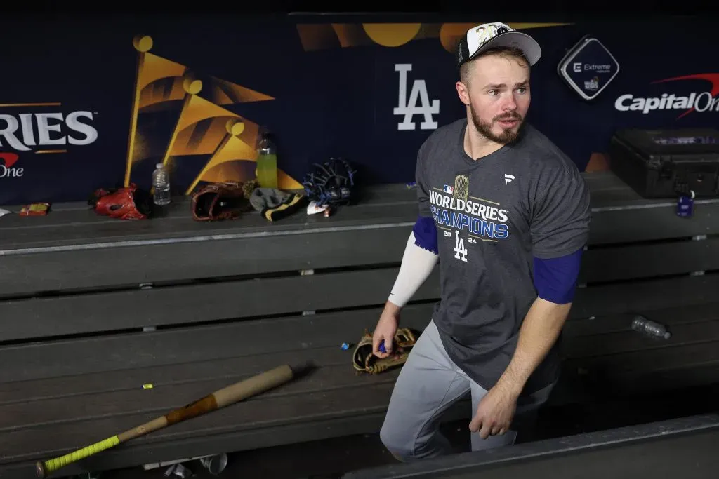NEW YORK, NEW YORK – OCTOBER 30: Gavin Lux #9 of the Los Angeles Dodgers looks on after defeating the New York Yankees 7-6 in Game Five to win the 2024 World Series at Yankee Stadium on October 30, 2024 in New York City. (Photo by Elsa/Getty Images)