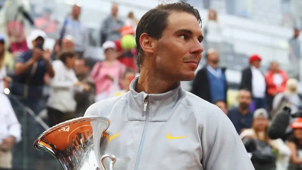 Rafael Nadal celebrates with the trophy after victory in his Mens Final match against Alexander Zvere during day 8 of the Internazionali BNL d’Italia 2018 tennis. (Source: Dean Mouhtaropoulos/Getty Images)