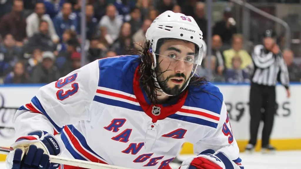 Mika Zibanejad #93 of the New York Rangers skates against the Toronto Maple Leafs during the 3rd period in an NHL game at Scotiabank Arena on October 19, 2024 in Toronto, Ontario, Canada.
