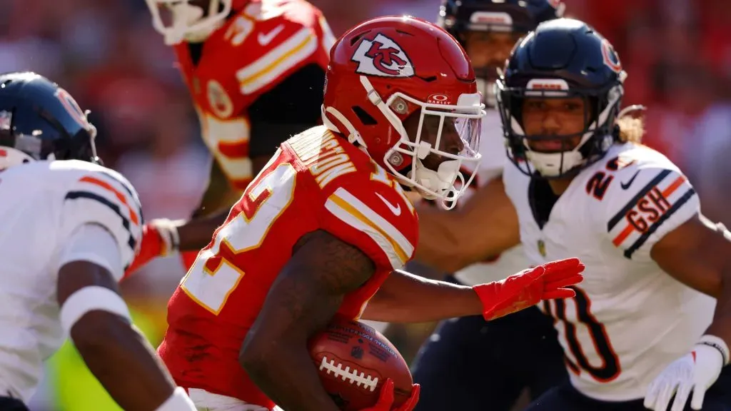 Montrell Washington #12 of the Kansas City Chiefs returns a punt in the second quarter of a game against the Chicago Bears at GEHA Field at Arrowhead Stadium on September 24, 2023 in Kansas City, Missouri.