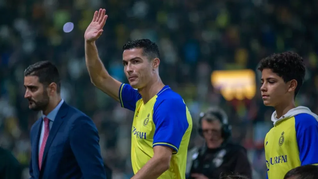 Al-Nassr’s new forward Cristiano Ronaldo greets the fans during his unveiling at the Mrsool Park Stadium on January 3, 2023 in Riyadh, Saudi Arabia. (Photo by Yasser Bakhsh/Getty Images)