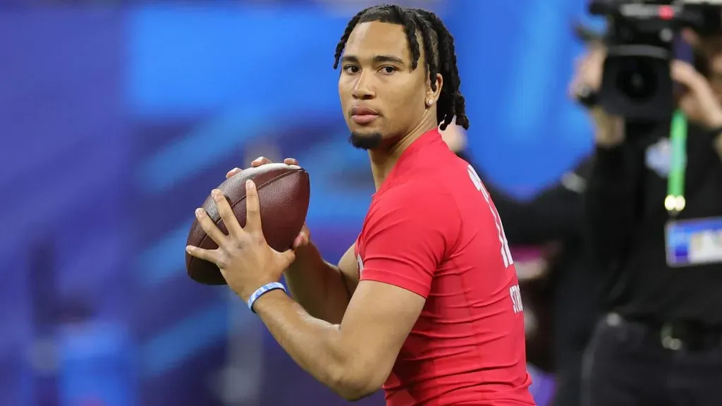 CJ Stroud of Ohio State participates in a drill during the NFL Combine at Lucas Oil Stadium on March 04, 2023. (Source: Stacy Revere/Getty Images)