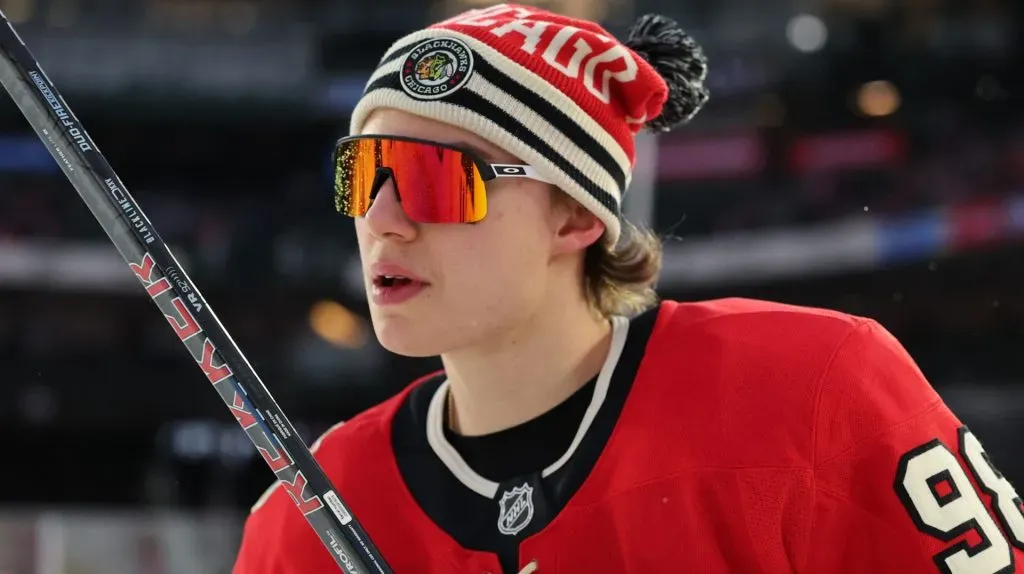Connor Bedard #98 of the Chicago Blackhawks warms up prior to the 2024 NHL Winter Classic against the St. Louis Blues at Wrigley Field on December 31, 2024 in Chicago, Illinois.