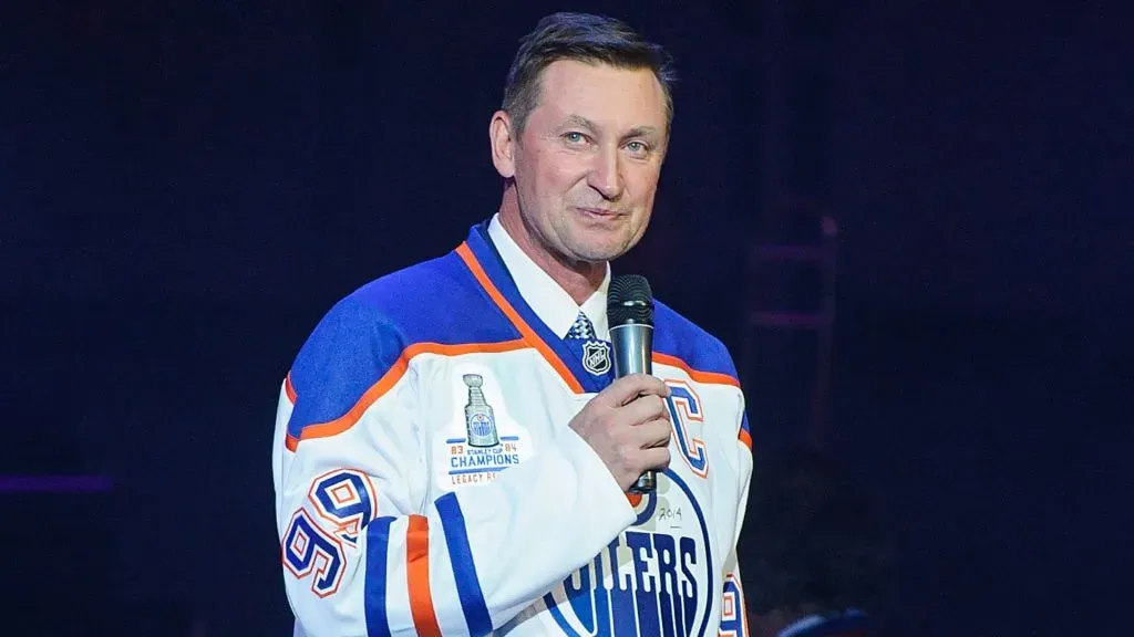 Wayne Gretzky talks to the crowd during the Edmonton Oilers Stanley Cup Reunion at Rexall Place on October 10, 2014 in Edmonton, Alberta, Canada.