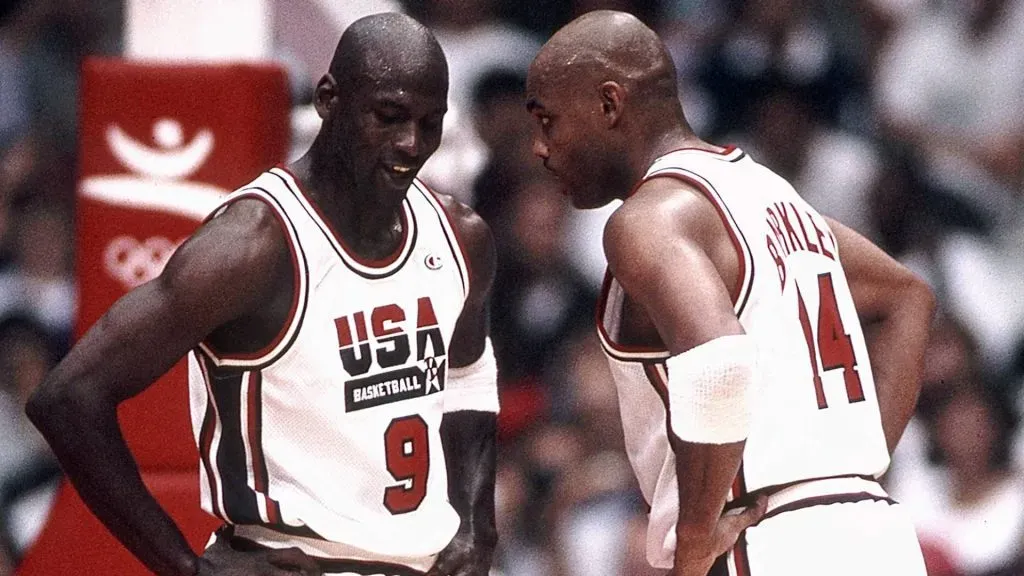 Michael Jordan and Charles Barkley playing for Team USA.