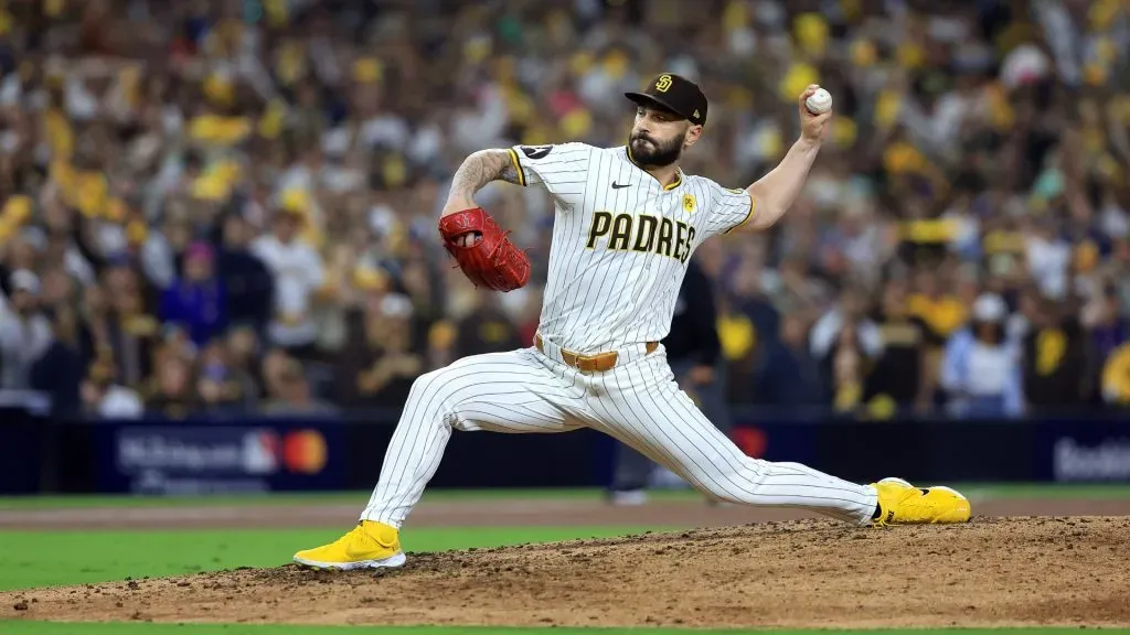 Tanner Scott #66 of the San Diego Padres pitches in the eighth inning against the Los Angeles Dodgers during Game Three of the Division Series at Petco Park on October 08, 2024 in San Diego, California. (Photo by Sean M. Haffey/Getty Images)