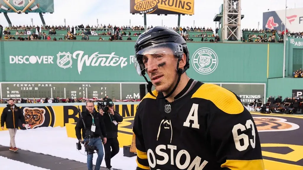 Brad Marchand #63 of the Boston Bruins prepares to take the ice prior to playing the Pittsburgh Penguins in the 2023 Discover NHL Winter Classic at Fenway Park on January 02, 2023 in Boston, Massachusetts.