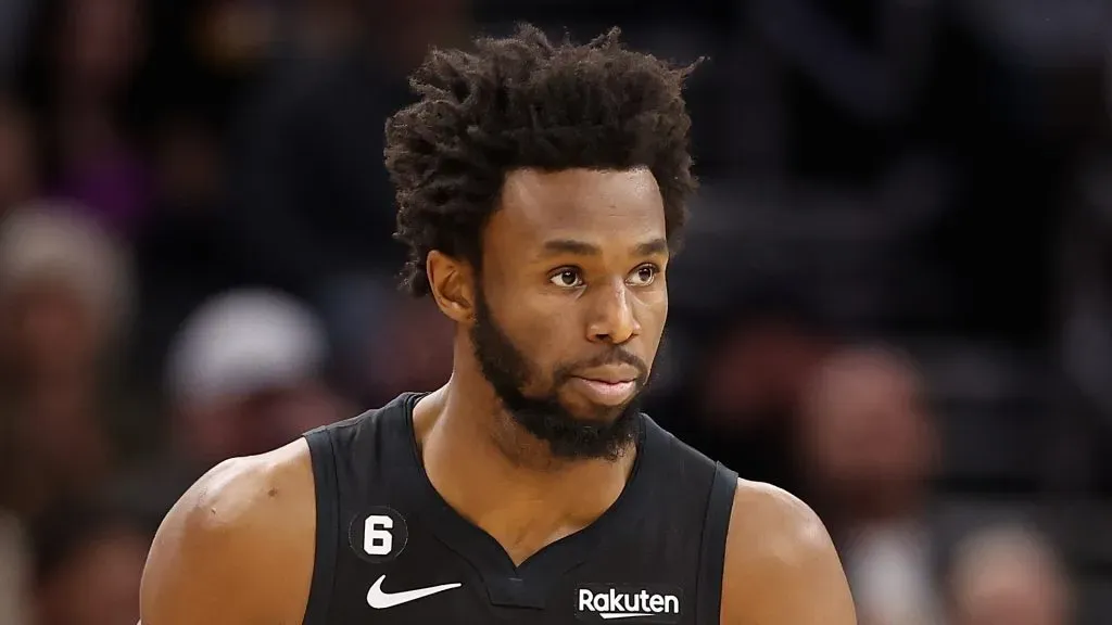 Andrew Wiggins #22 of the Golden State Warriors reacts after a three-point shot against the Phoenix Suns