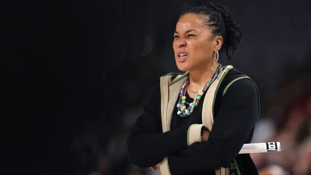 Head coach Dawn Staley of the South Carolina Gamecocks reacts against the TCU Horned Frogs