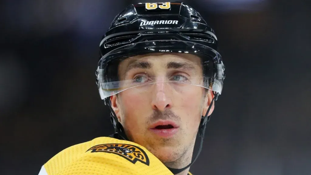 Brad Marchand #63 of the Boston Bruins looks on during the first period of the game against the Calgary Flames at TD Garden on February 25, 2020 in Boston, Massachusetts.
