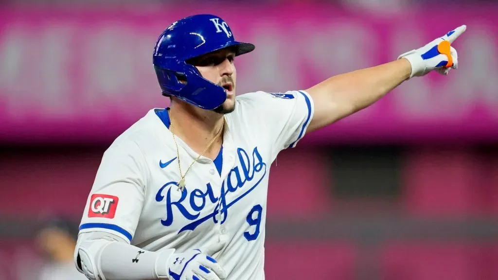 Vinnie Pasquantino #9 of the Kansas City Royals reacts after hitting a home run during the fourth inning against the Houston Astros at Kauffman Stadium on April 10, 2024 in Kansas City, Missouri. (Photo by Jay Biggerstaff/Getty Images)