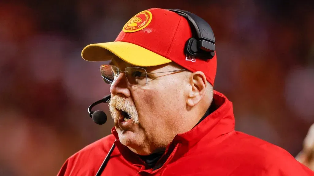 Head coach Andy Reid of the Kansas City Chiefs looks on during the second half of the game against the Buffalo Bills at GEHA Field at Arrowhead Stadium on December 10, 2023 in Kansas City, Missouri.