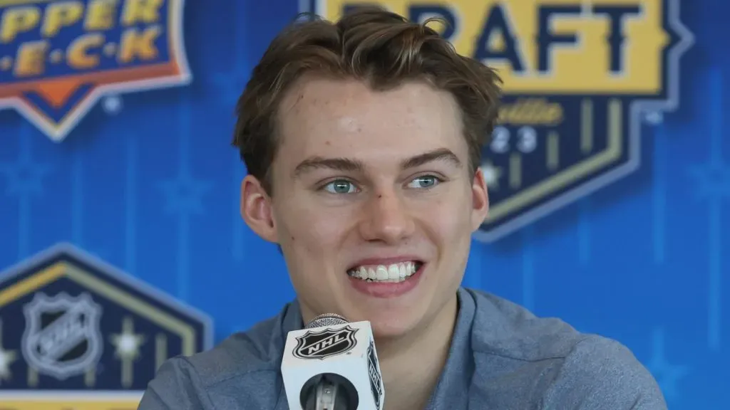 NHL prospect Connor Bedard speaks with the media at a press availability at AllianceBernstein Tower on June 27, 2023 in Nashville, Tennessee.