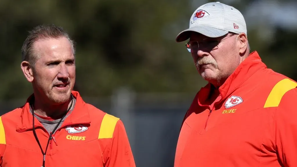 Defensive coordinator Steve Spagnuolo talks with head coach Andy Reid in a practice session prior to Super Bowl LVII at Arizona State University Practice Facility on February 09, 2023 in Tempe, Arizona. The Kansas City Chiefs play the Philadelphia Eagles in Super Bowl LVII on February 12, 2023 at State Farm Stadium.
