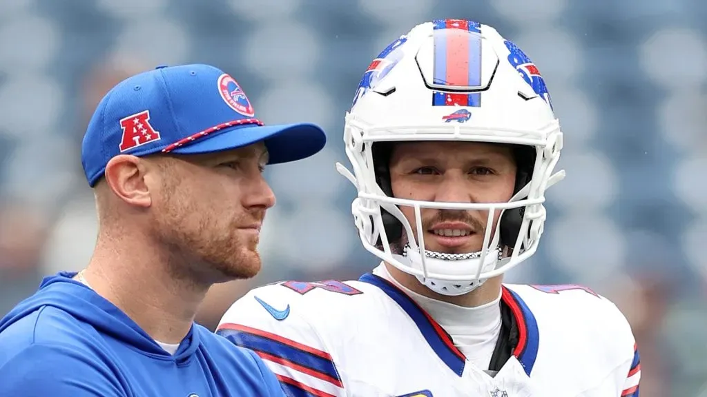 Offensive coordinator Joe Brady stands with Josh Allen #17 of the Buffalo Bills