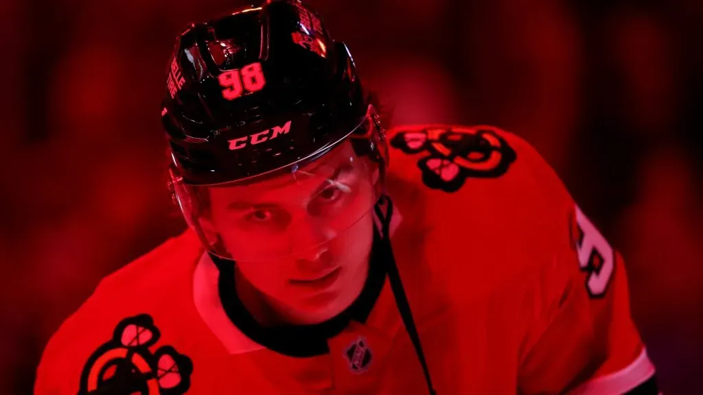 Connor Bedard #98 of the Chicago Blackhawks warms up against the Carolina Hurricanes at the United Center on January 20, 2025 in Chicago, Illinois.