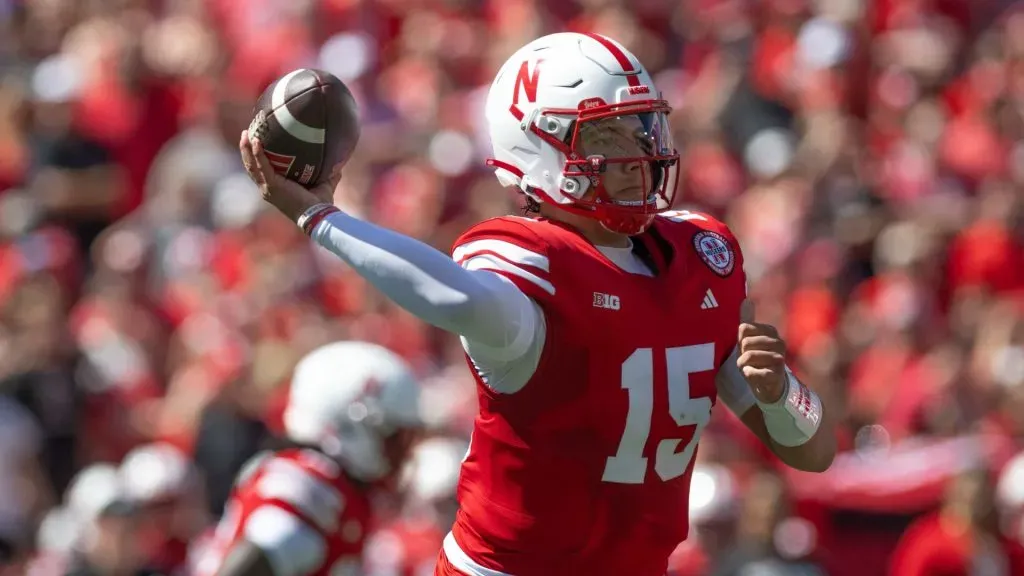 Dylan Raiola #15 of the Nebraska Cornhuskers passes against the UTEP Miners in the first quarter at Memorial Stadium on August 31, 2024 in Lincoln, Nebraska.
