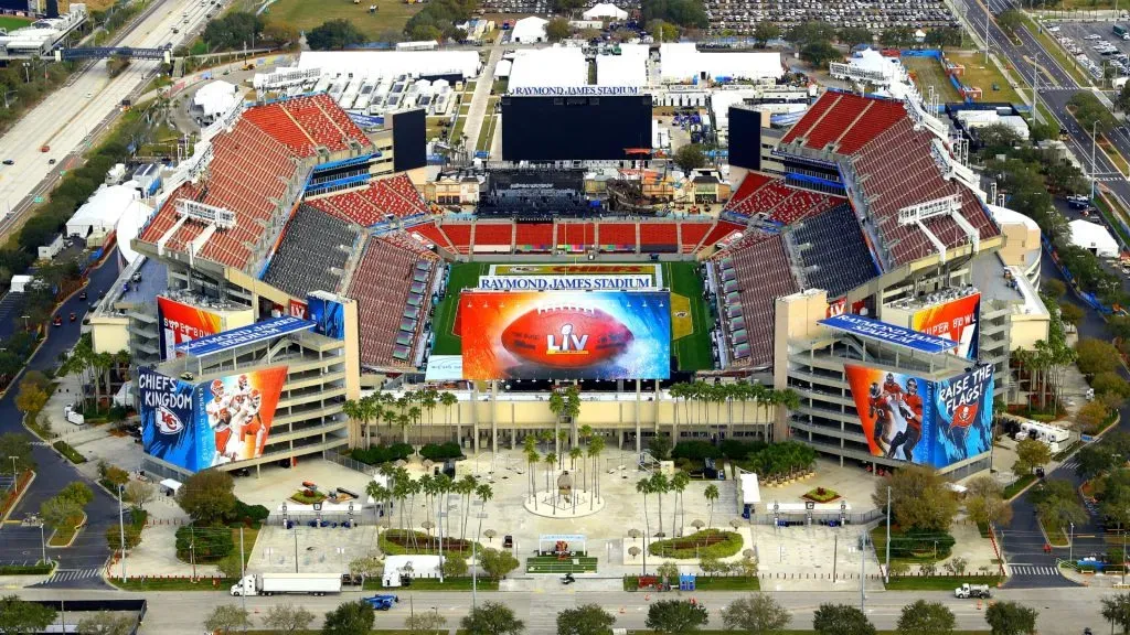 An aerial view of Raymond James Stadium ahead of Super Bowl LV on January 31, 2021 in Tampa, Florida. (Source: Mike Ehrmann/Getty Images)