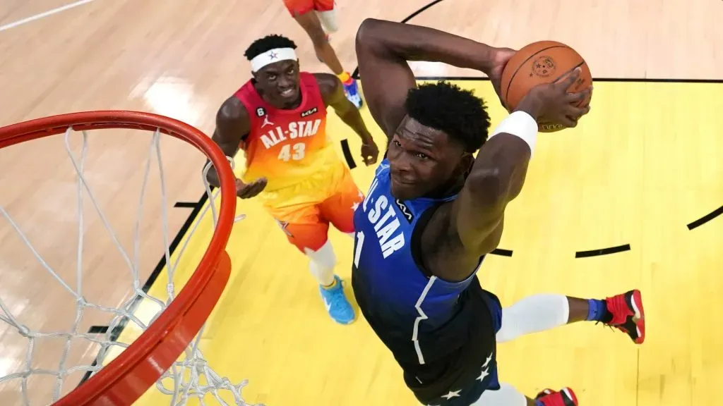Anthony Edwards of the Minnesota Timberwolves dunks against Pascal Siakam of the Toronto Raptors in the 2023 NBA All Star Game.